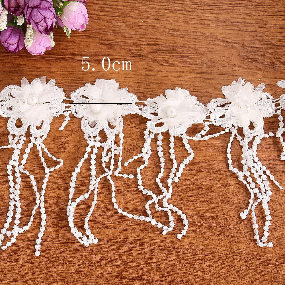 1 Yard 3D Flower Pearl Beaded Lace Tassel Edge Trimming Ribbon Fabric Applique Sewing Craft Wedding Bridal Dress Party DIY Decor