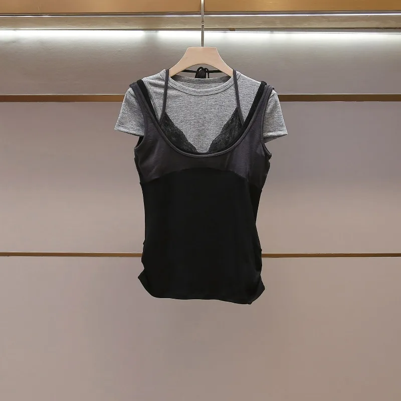 High-end Women's Clothing Summer New French Niche Spice Girl Style Lace Splicing Vest T-shirt Two-piece Set Exquisite and Simple