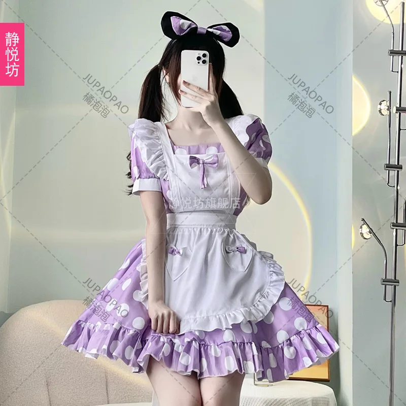 Sweet Lolita OP Maid fur s for Women, Pink Soft Girl, Princess Bow, Ruffle Dot, Polka fur ses, Kawaii Cosplay Costume, New, 2024