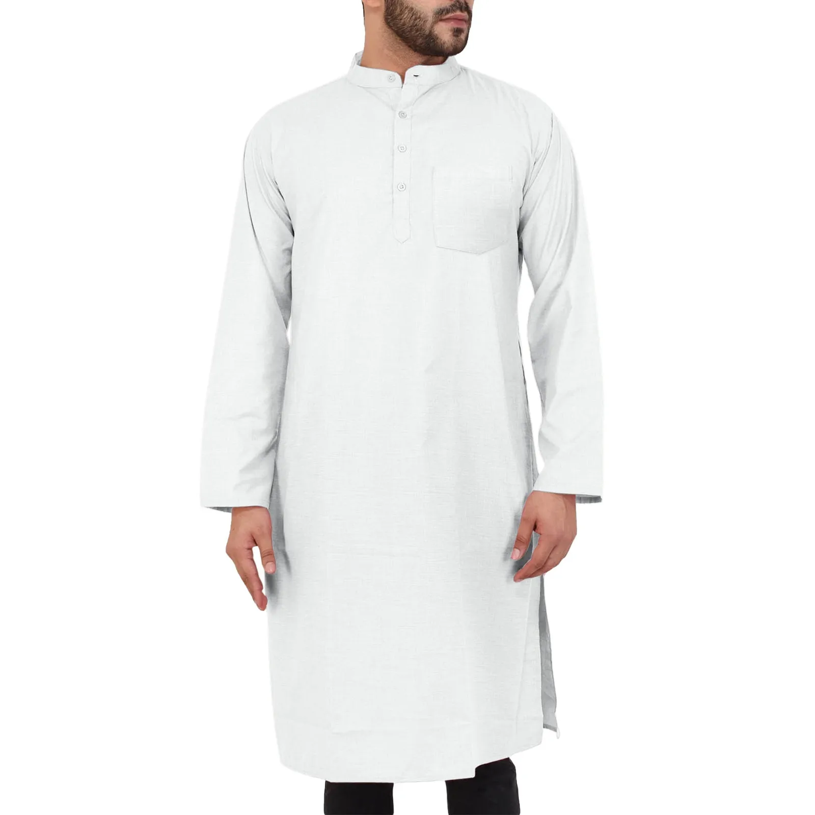 Robe musulmane décontractée à manches longues pour hommes, chemise musulmane, peignoir de poche monochrome, vêtements d'intérieur confortables, 2024