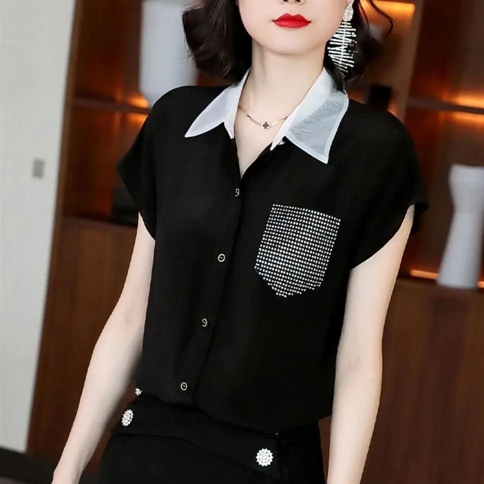 2023 Women Black Tops Women's Blouses Fashion Hot Drill Casual Short Sleeve Office Lady Work Shirts Female Slim Blusas G2812