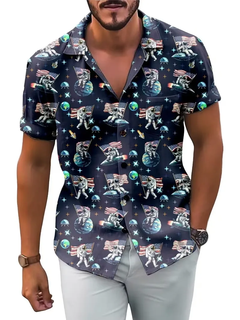 

Men's Space Astronaut Graphic Hawaiian Shirt 3D Galaxy Print Short Sleeve Button Down aloha Shirts Vacation Space Theme Tops