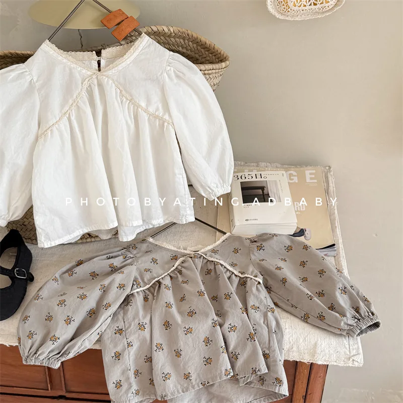 

Весенняя детская одежда 2026, детская весенняя одежда, корейская версия, рубашка из стираного хлопка, кружевная рубашка для девочек