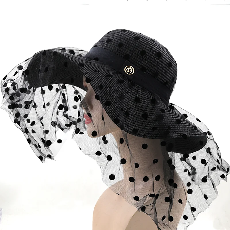 Audrey Hepburn lace Wide Brim white Straw Hat Sun Hats For Women UV Protection floppy Summer Beach Hat Ladies hat chapeau femme