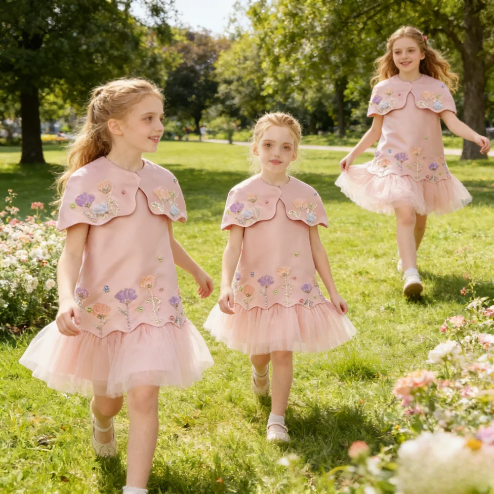 2026 Children Elegant 3D Flowers Birthday Dresses Tank Celebration Dress Eid Kids Clothing Princess Gown Cake Skirt Formal Party