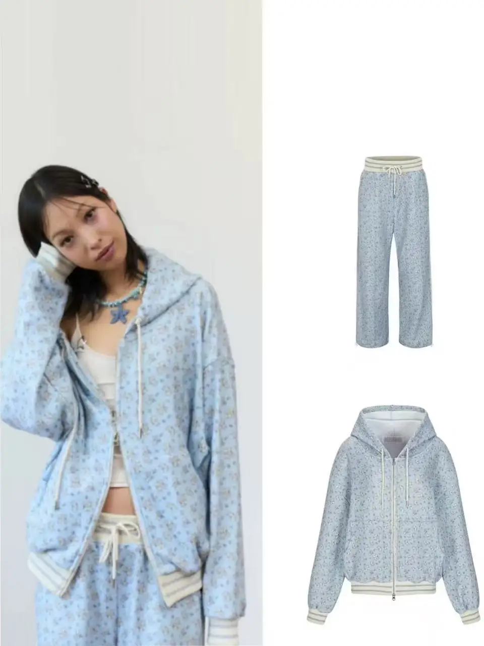 

Комплект женский: толстовка на молнии с принтом кролика и свободные длинные брюки. Повседневный, модный, осенний, теплый, удобный, дышащий.