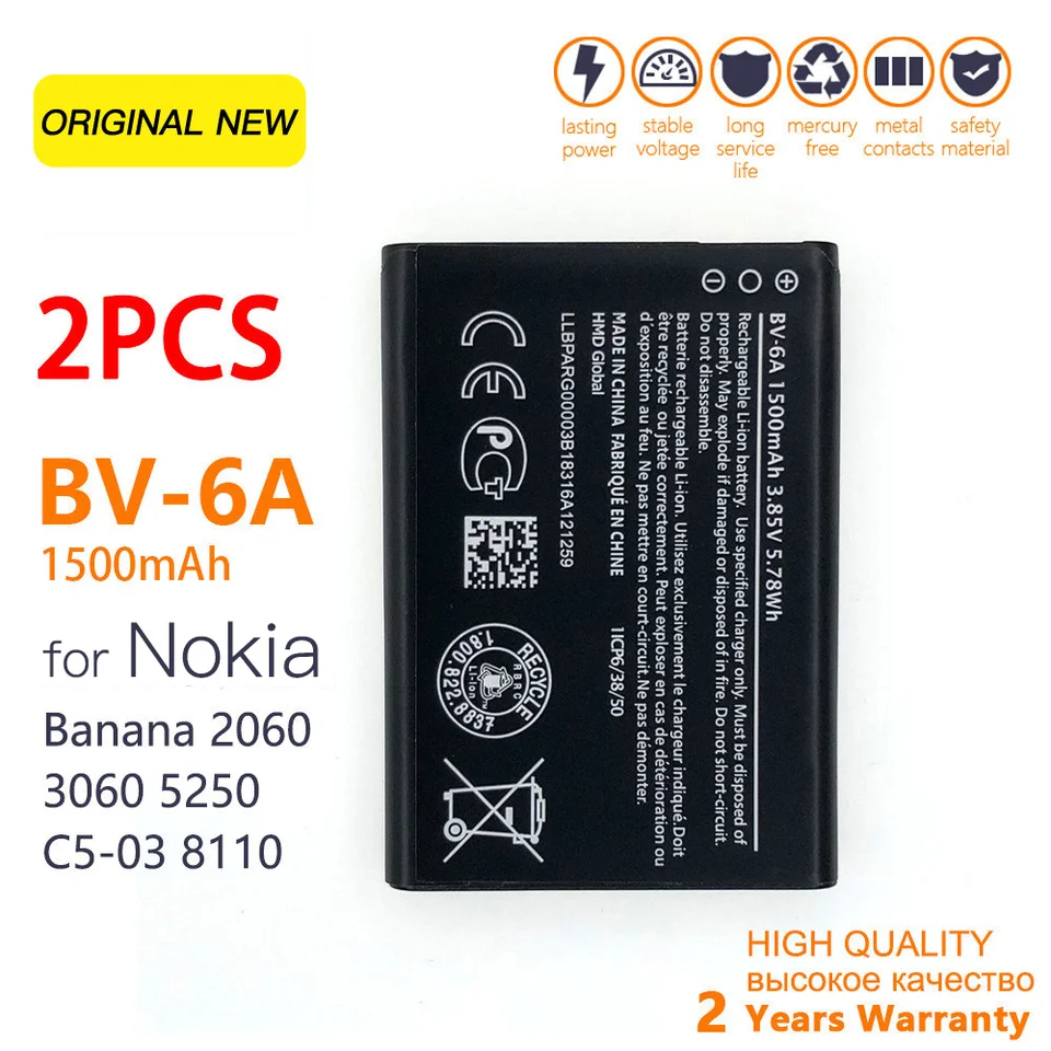 Batería recargable original BV 6A BV6A BV-6A 1500mAh para Nokia Banana 2060 3060 5250 C5-03 8110 4G 6