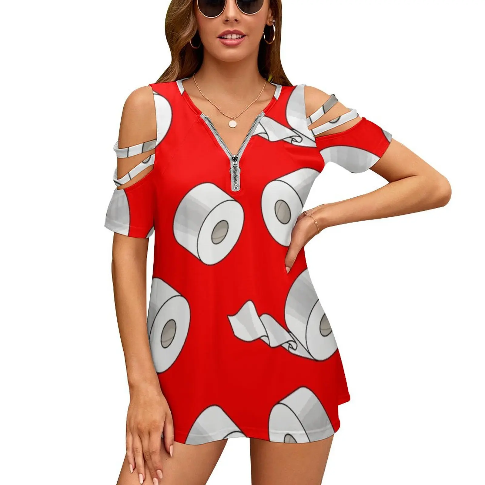 Toilet Paper Sold Out New Fashion Zip Off Shoulder Top Short-Sleeve Women Shirt Toilet Paper Paper Roll Toilet Essentials