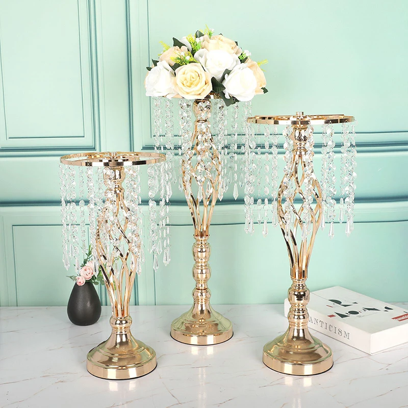 Metal Flower Stand with Chandelier Crystal Table Candle Holder Golden Iron Art Vase For Wedding Centerpieces Table Decoration