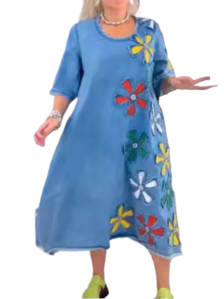 

Fashion Floral Print Dress For Women Casual Short Sleeve O Neck Pullover Loose Dresses Lady Holiday Skirts Womens Clothing New