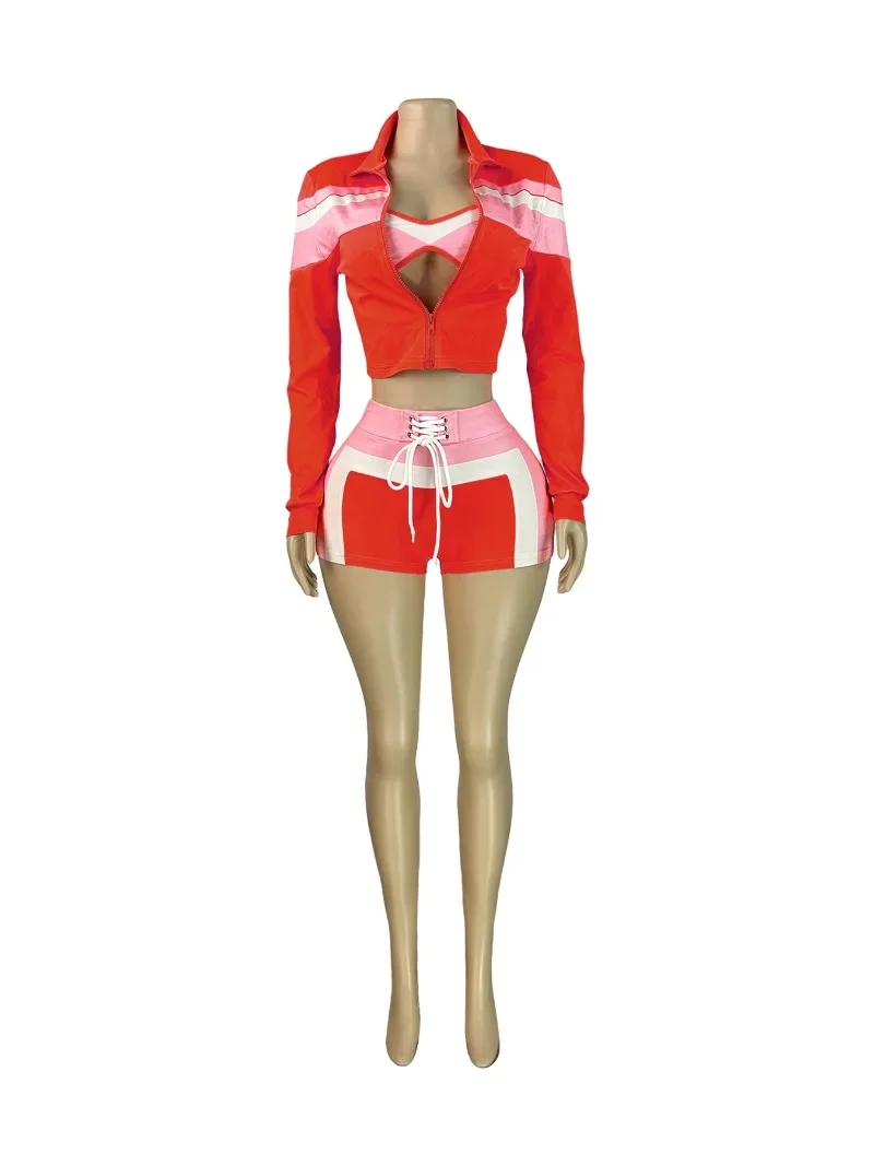 Chándales de retales de colores, conjunto de 3 piezas, Top Bandeau a la moda para mujer, chaquetas de manga larga con cremallera y pantalones cortos con cordones, trajes a juego