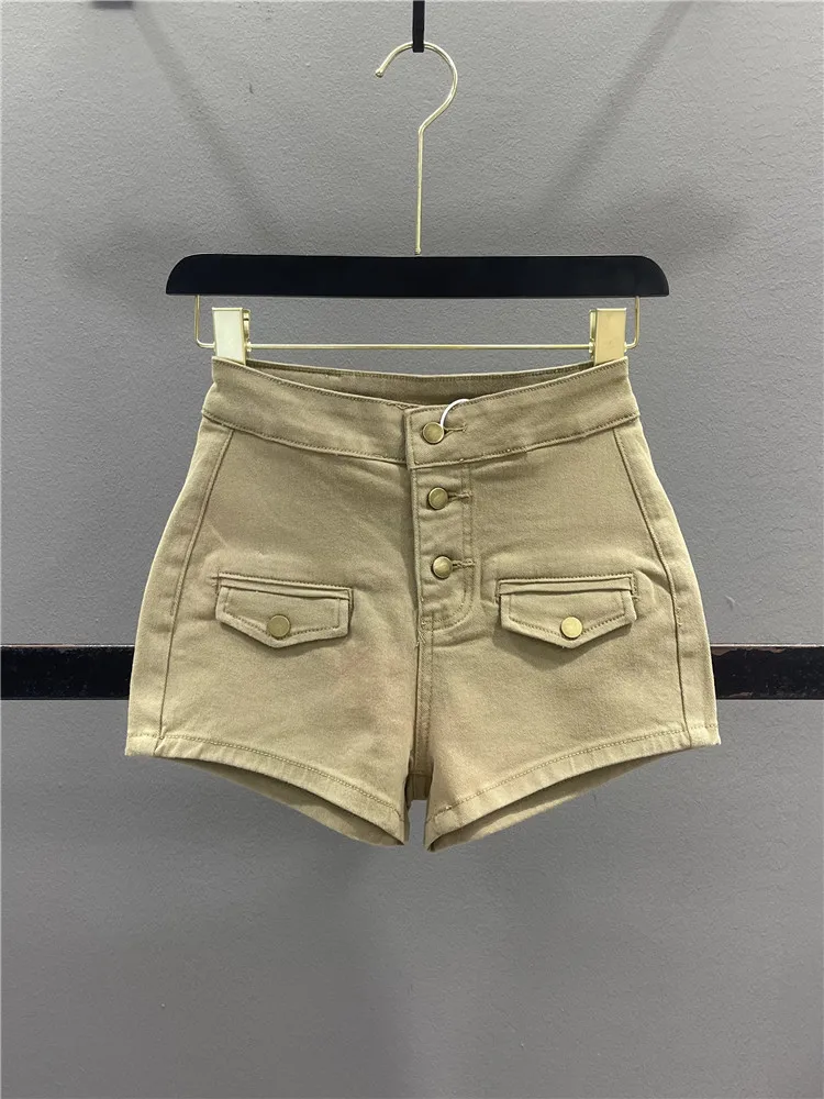 Sexy High-Waist Denim Shorts Women's Elastic Bodycon Slimming Hot Pants Casual Cotton Stretch Denim Button Fly Pure Color Sum...