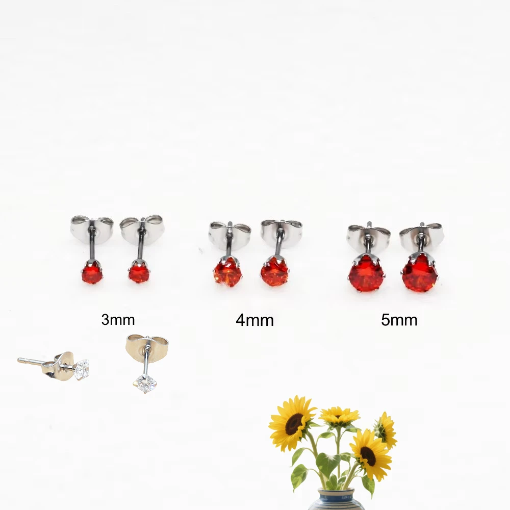 Mini Push Back Zircon Stud Earrings for Men and Women, Stainless Steel, No Fade, Allergy Free, Orange, AAA, 3mm, 4mm, 5mm