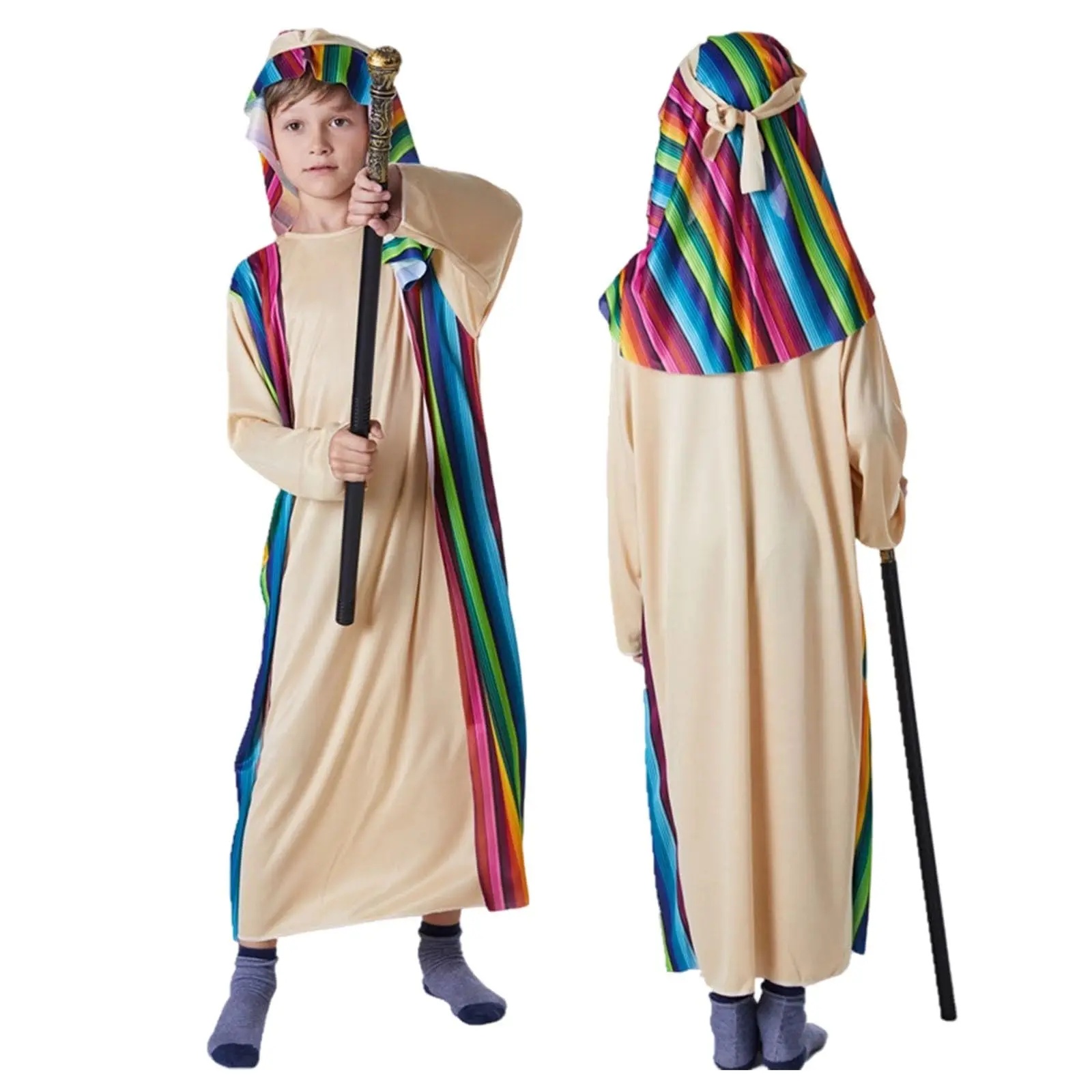 زي الصحراء للأولاد بيج قوس قزح مخطط رداء مقنع وشاح ربطة عنق العرقية لعب الأدوار مهرجان 2026 ملابس عصرية نابضة بالحياة Traje