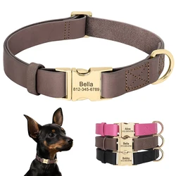 Personalized Leather Dog ID Collar Customized Genuine Leather Dogs Collars Pet Buckle Collar for Small Medium Large Dogs Pitbull