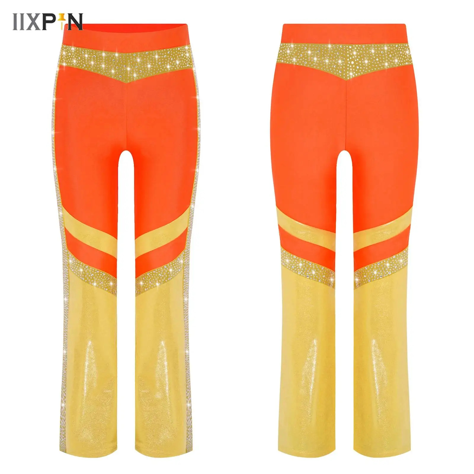 

Kids Girls Gymnastics Acrobatics Dance Pants Shiny Rhinestone Elastic Waist Color Block Flared Pants Trousers Jazz Disco Costume