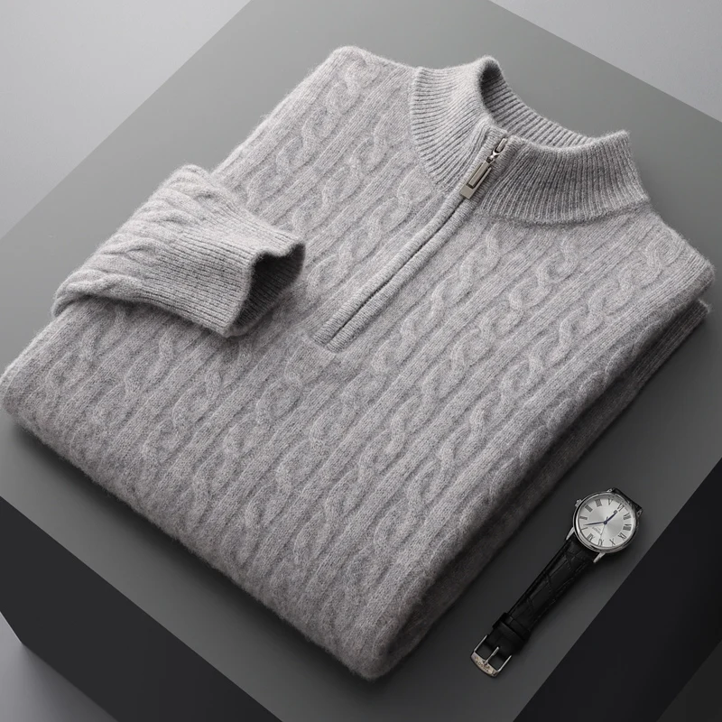 Autumn and winter new 100% merino cashmere sweater men's padded twist top zipper collar bottoming shirt plus size knit pullover