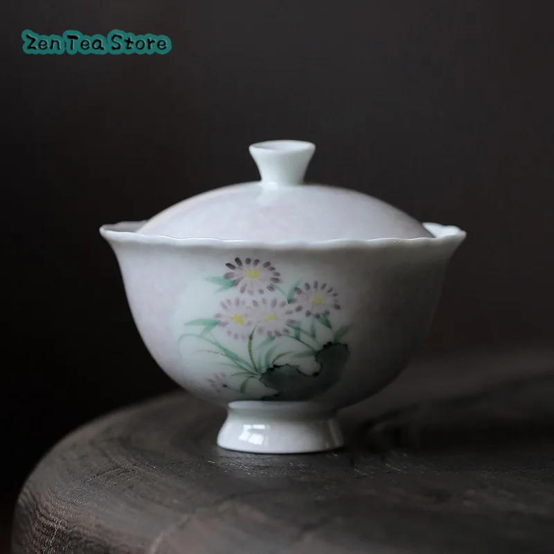 Hand-painted Chrysanthemum Two Sunflower Mouth Cover Bowl Teacup Single Household Anti-ironing High-end Ceramic Tea Bowl