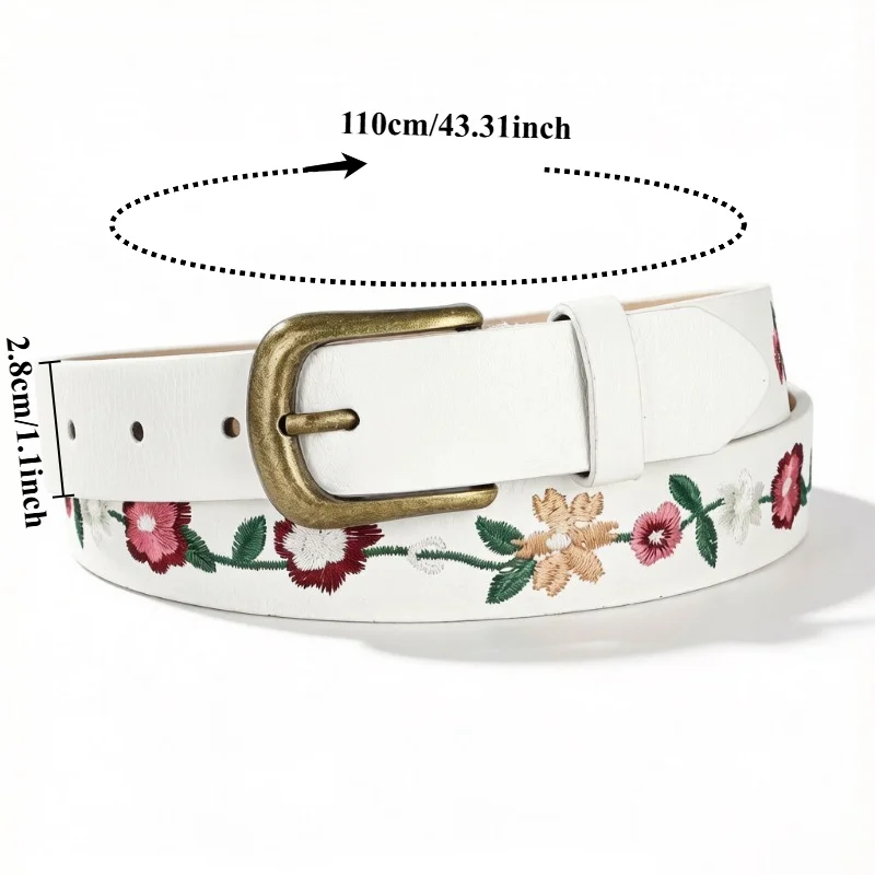 Fashionable Niche Elegant Floral-Embroidered Versatile Pin-Buckle Belt Ethnic-Style High-End Decorative Women’s Leather Belts