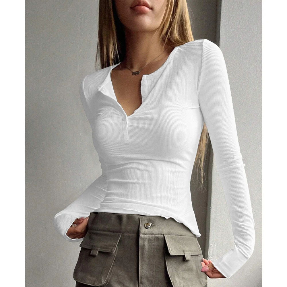 

Women's T-Shirts Autumn Simple Plain Bodysuit Button Split Long Sleeve Round Neck Regular Fit Casual T-Shirts