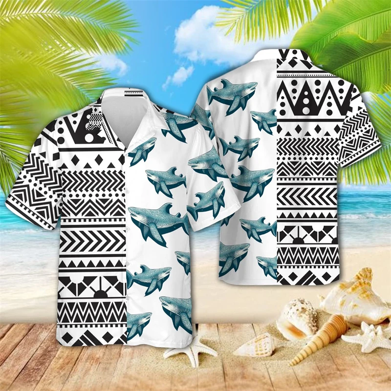 Hip Hop Hawaiian Shark Shirts For Men Clothes Funny Animal Graphic Beach Shirt Aloha Surfing Lapel Blouse Vacation Short Sleeve