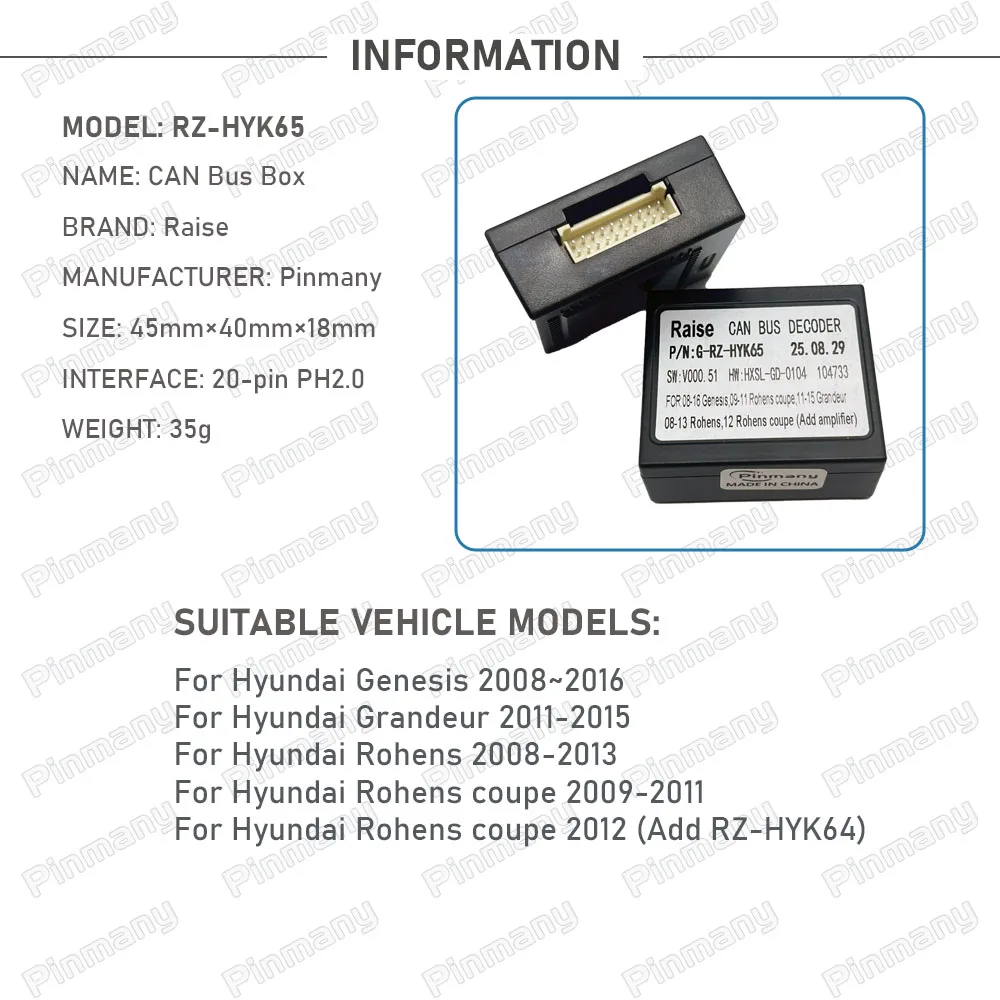 Car Radio CAN Bus Decoder RAISE RZ-HYK65 20 Pin Black Box for Hyundai Genesis Grandeur Rohens Coupe