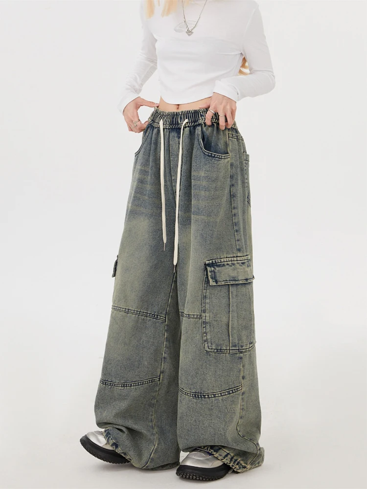 Women\'s Y2k Cargo Jeans Baggy Harajuku 90s Aesthetic Denim Trousers Vintage Jean Pants Japanese 2000s Style Trashy Clothes 2024