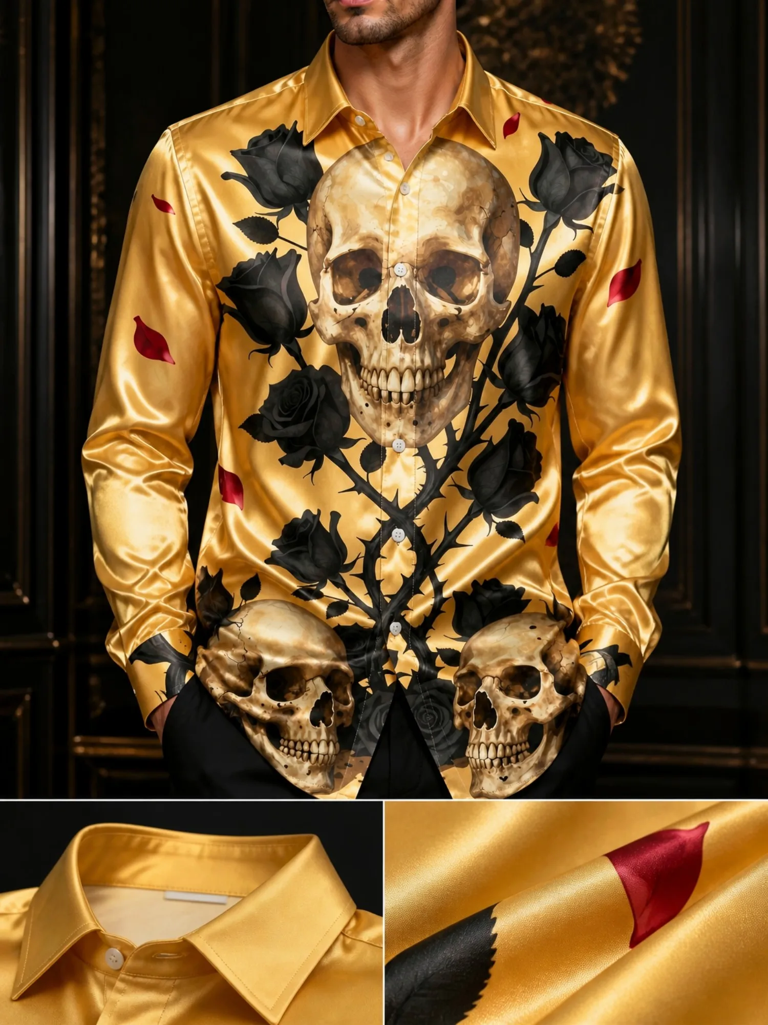 Mens Trendy Satin Long Sleeve Button Shirt Lightweight Collared Dress Shirt Soft Party Office Beach Vacation Clubwear Resort Top