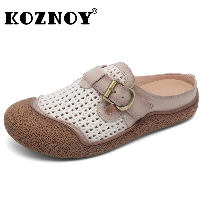 

Koznoy 2.5cm Cow Genuine Leather Sandals Summer Rubber Women Slip on Flats Platform Wedge Hollow Mary Jane Shoes Loafer