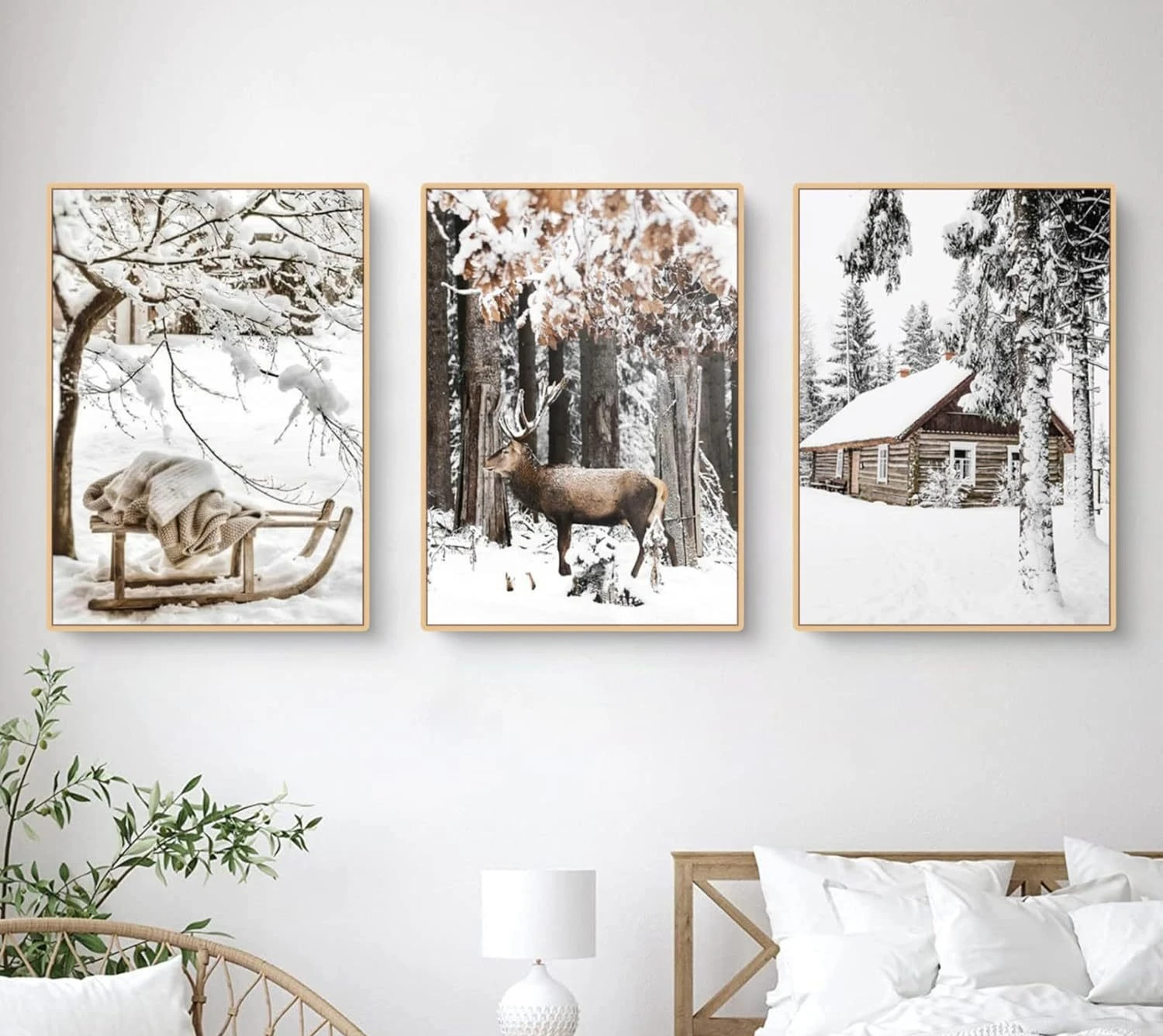 3PCS Framed Winter Forest Canvas Wall Art, Snow Deer Cabin Prints for Farmhouse Decor