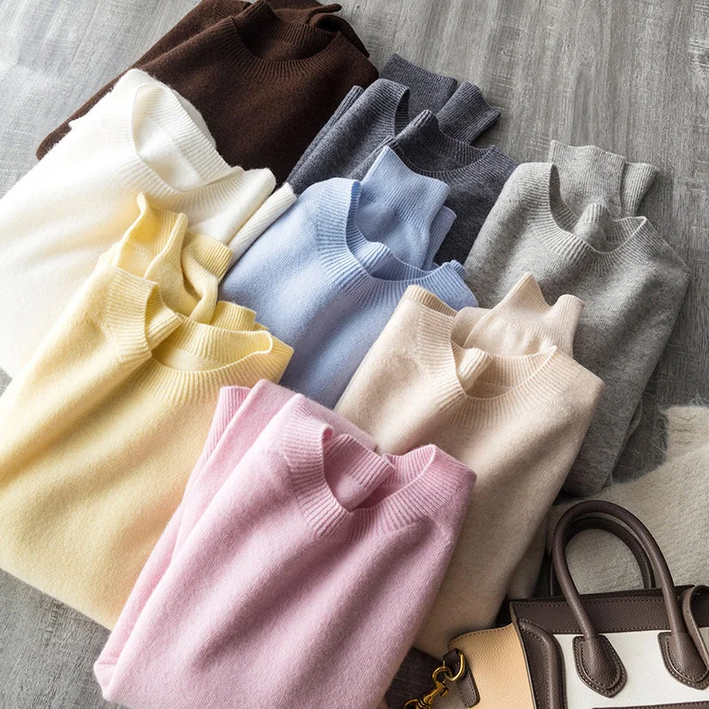 Women Wool Cashmere Seamless Sweater Autumn Winter Soft Round Neck Loose Basic Knit Pullover 95% Wool 5% Cashmere