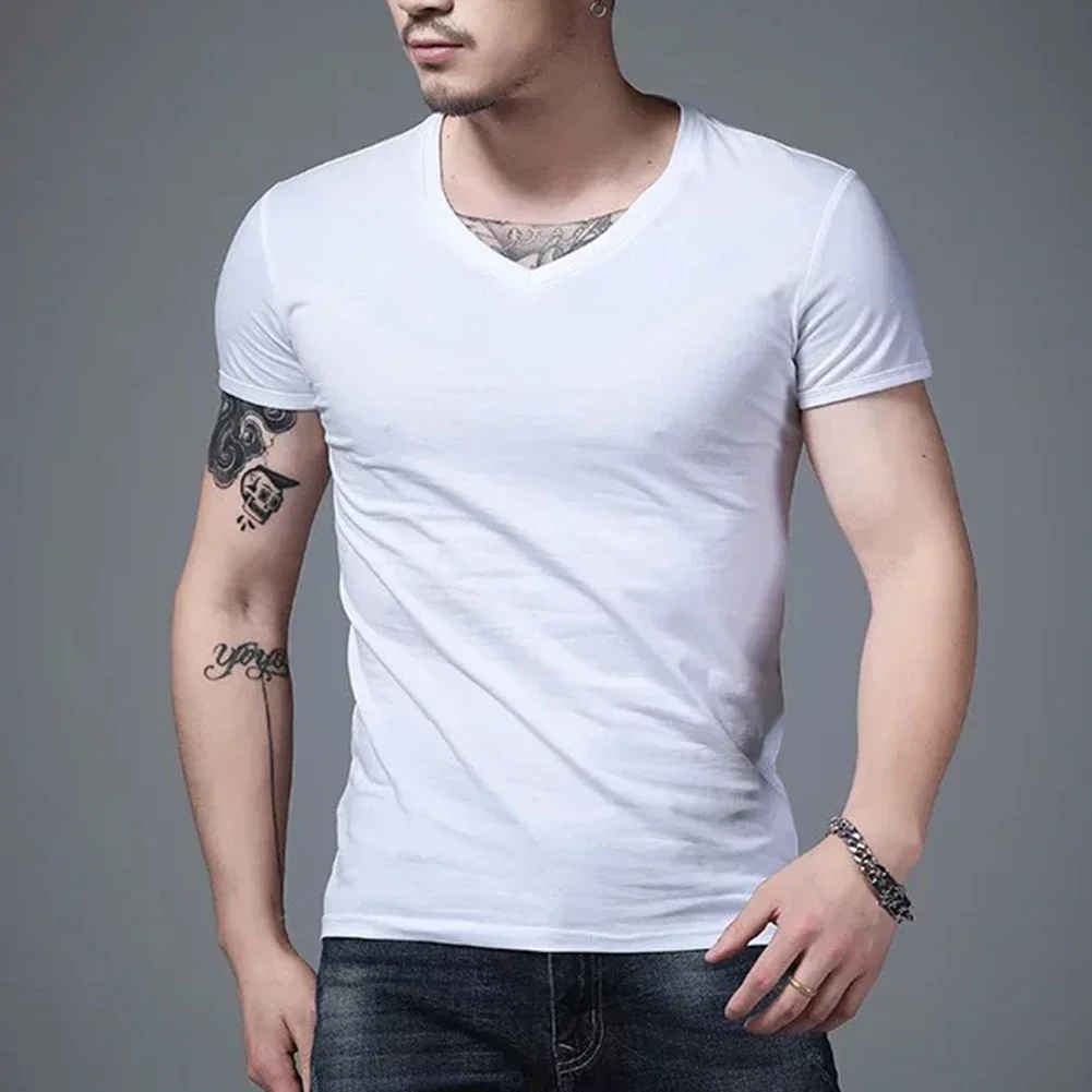 Plain Cotton Gym T-shirt Men Summer Fitness Clothing V-Neck Short Sleeve T Shirt Slim Fit Tshirt Bodybuilding Workout Tees Tops