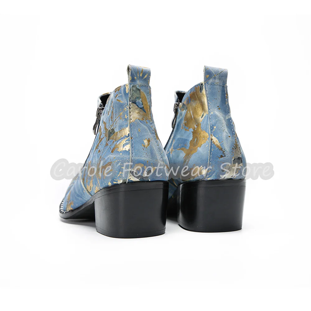 Luxury Gold Foil Print Male Genuine Leather Short Boots Metal Pointed Toe Side Zipper Western Cowboy Boots Wedding Daily Shoes view 3
