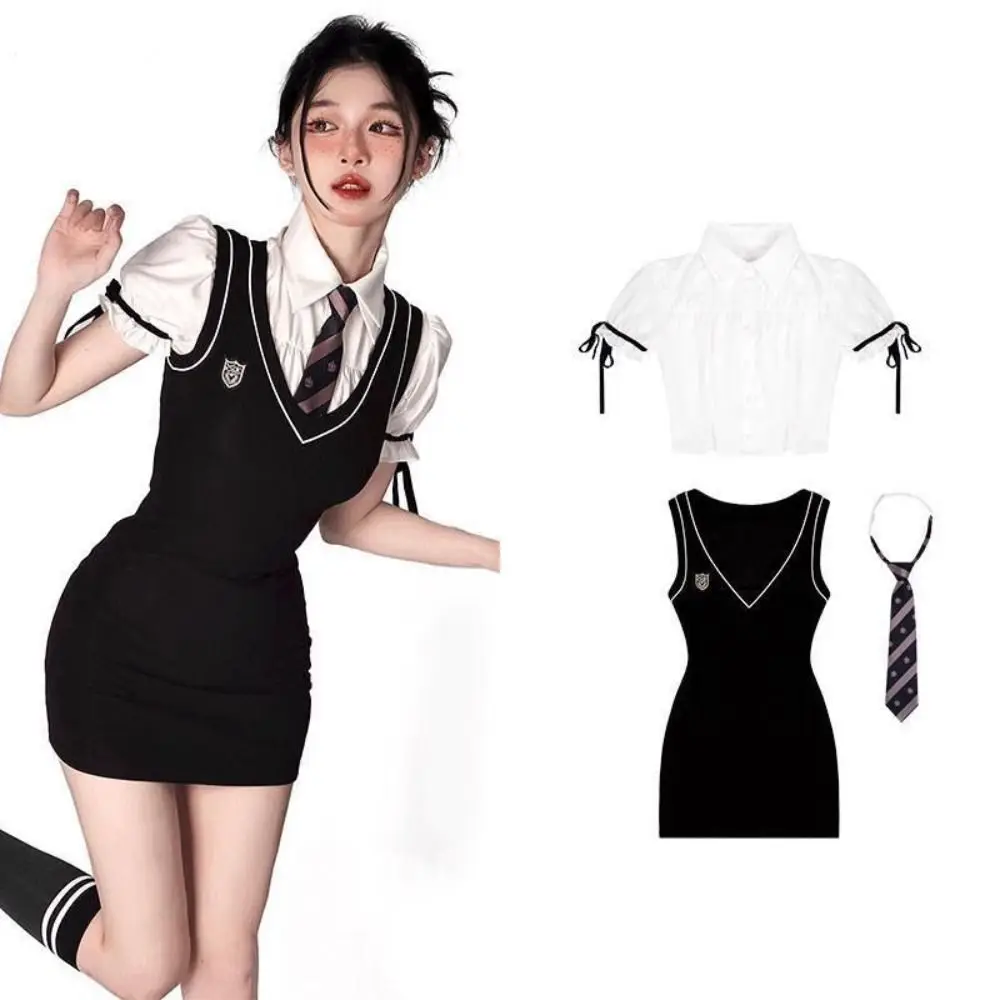 Harajuku Gebreide Pakken Zwarte Mini-Jurk Preppy Stijl Esthetische Y 2K Mini-Jurk Met Stropdas Slim Jk Uniform Dagelijks