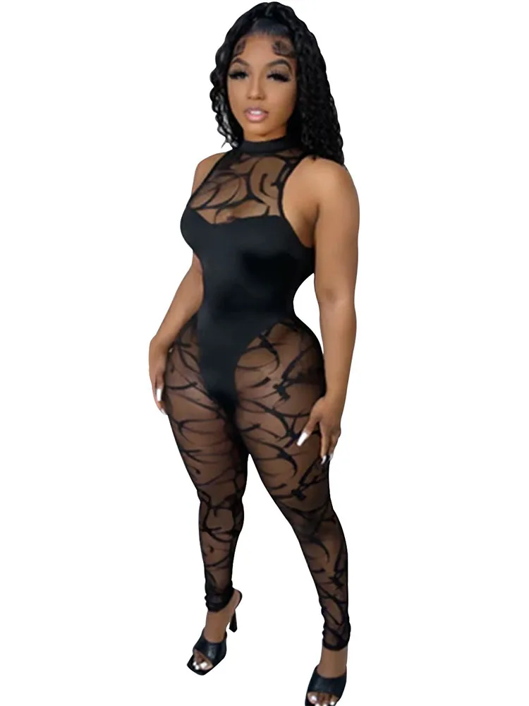 

Black Mesh Tight Jumpsuit Women See Through One Piece Outfits Night Club Rompers Evening Party Sexy Clubwear Bodycon Jumpsuits