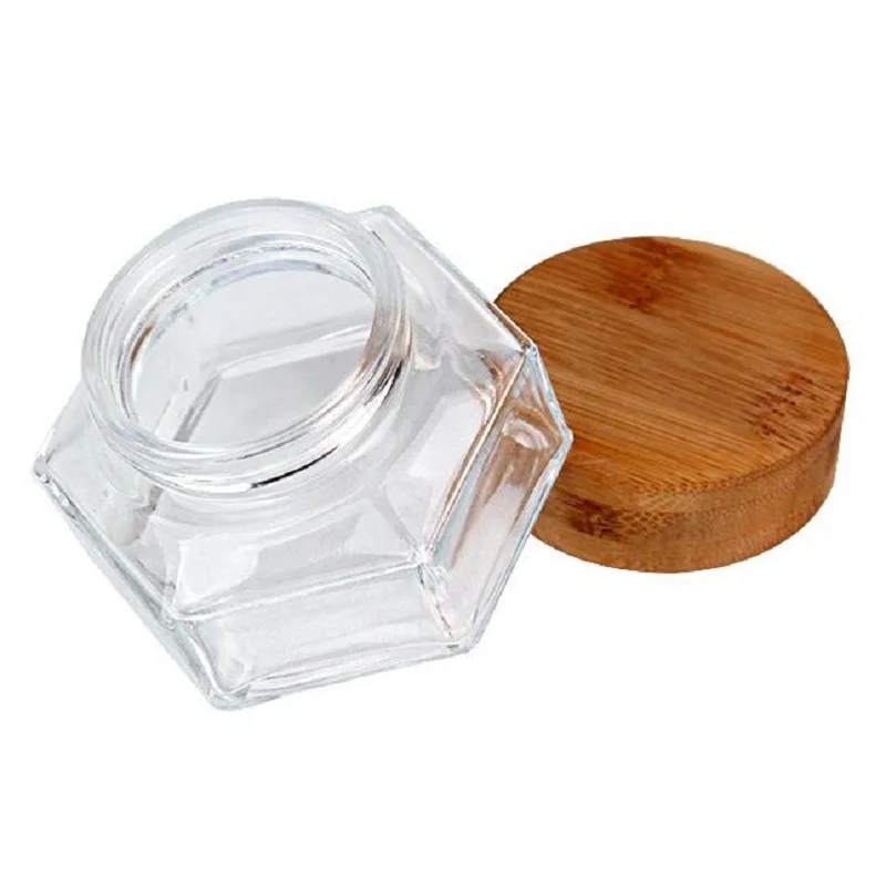 30/50/100G Cosmetic Cream Jar Hexagonal Clear Glass Eye Cream Container Empty Bottle Face Cream Jar with Bamboo Wood Lid 10pcs