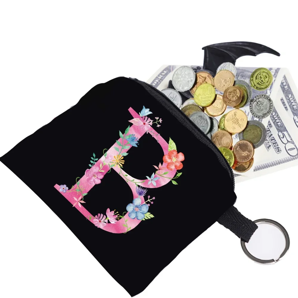 Women\'s Wallet Coin Purse Small Object Bag Key Ring Buckle Organizers Bags Black Canvas Pink Letter Pattern Print Series