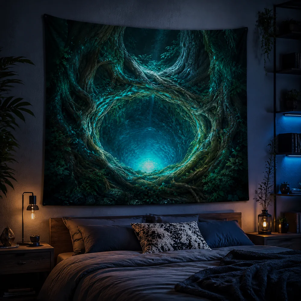Glowing Blue Waterfall Dragon Tapestry, Mystical Fantasy Cave Wall Hanging for Aesthetic Home Decor