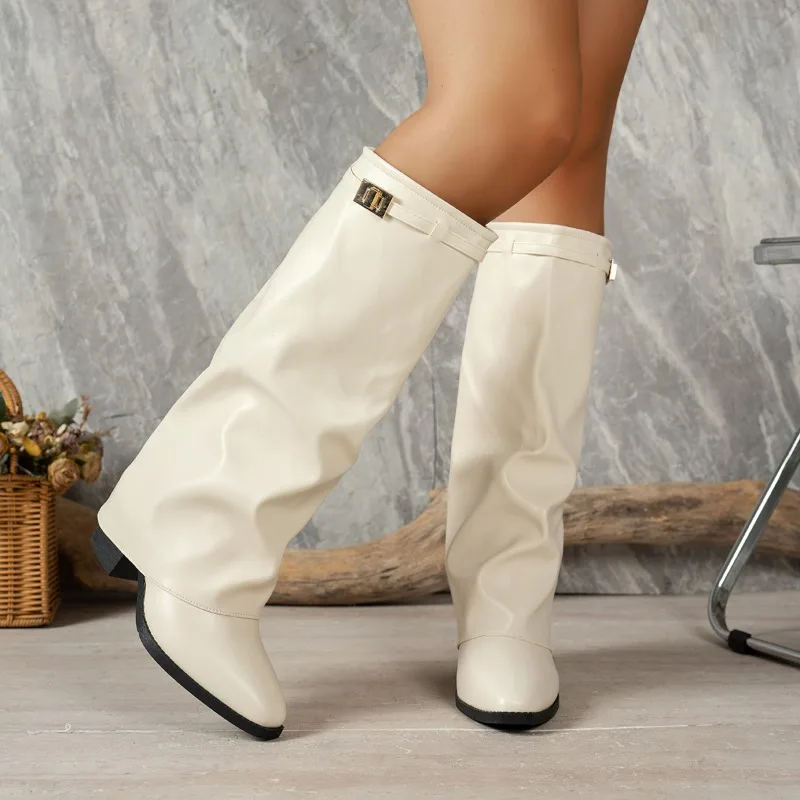 Spring Autumn New Simple Style Women's Knee High Boots 2026 Fashion Pointed Toe Fold Cuff Design Chunky Heel Casual Women Boots view 4