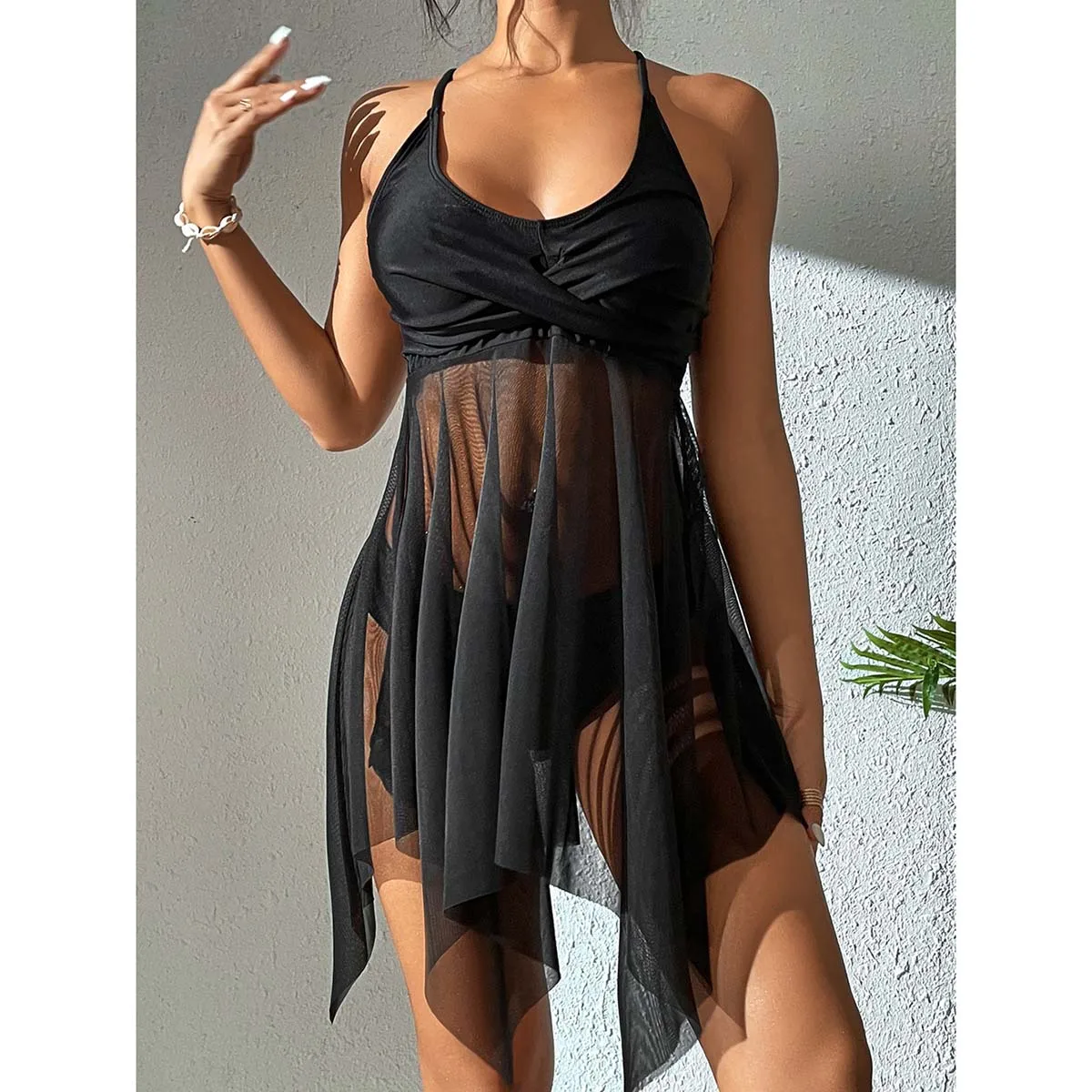 Vestido de banho feminino de uma peça com cintura alta e malha emagrecedora