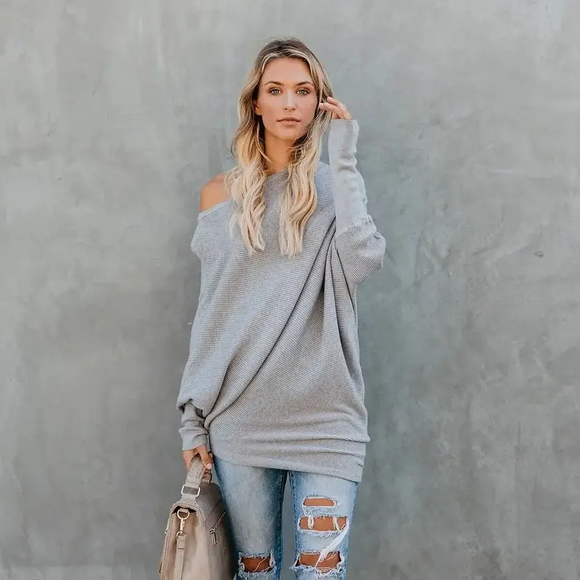 Women Off Shoulder Sweater Ribbed Knit Slim Jumper Long Sleeve Off Shoulder Ribbed Pullovers Tops Slim Fit Causal Jumpers