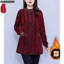 L-5XL Loose Clothes Women Winter Warm Thick Basic Wear Elegant Office Lady Casual Print Retro Vintage Ruffles Velvet Tops Blouse