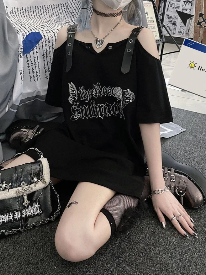 KOSAHIKI Printed Off Shoulder Women Tshirts Casual Streetwear Y2k Aesthetic T Shirt Girl Sweet Tops Harajuku Graphic Tees Grunge