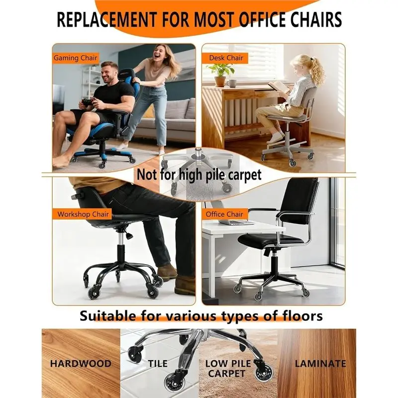 AT29-Officechair Wheels,Outstanding Replacement Roller Wheels For Office,Gaming Desk Chairs 3 Inch Caster Wheel Set Of 5Pc