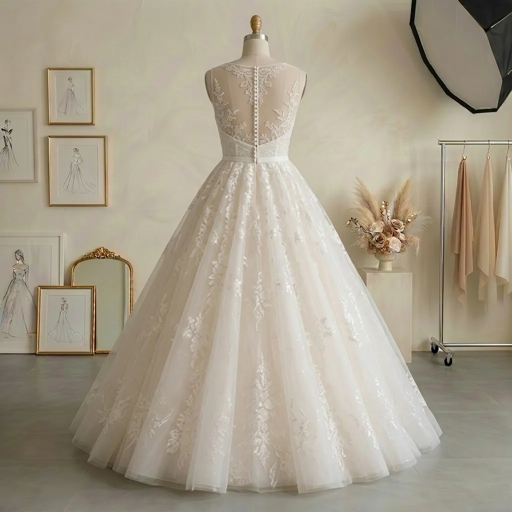 Deep V Neck Sleeveless Lace Ball Gown Wedding Dress with Sheer Illusion Button Back & Train
