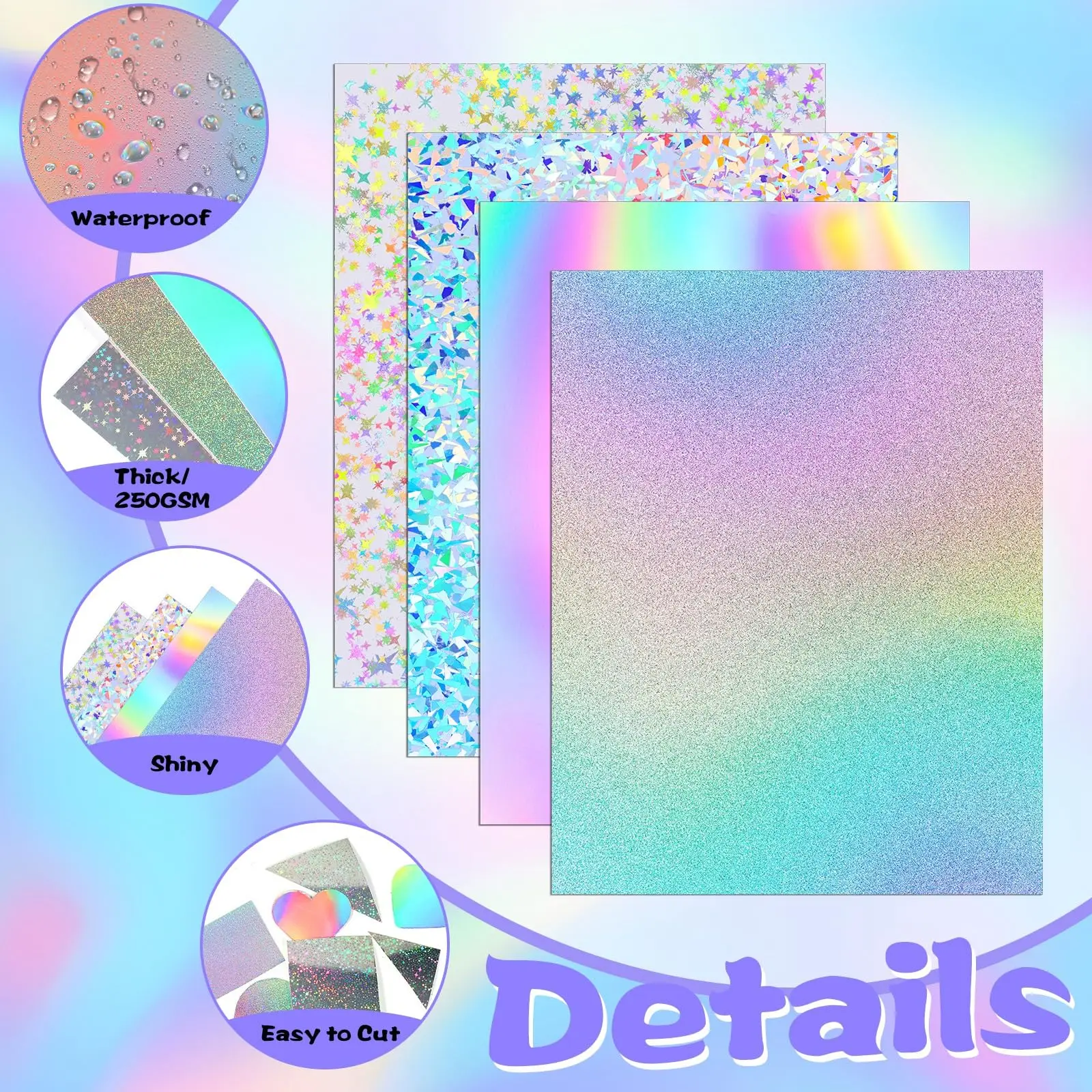 24 Sheets Holographic Cardstock 8.5 x 11, 250gsm/92lb Metallic Cardstock Glitter Shiny Iridescent Mirror Paper Thick Card Stock