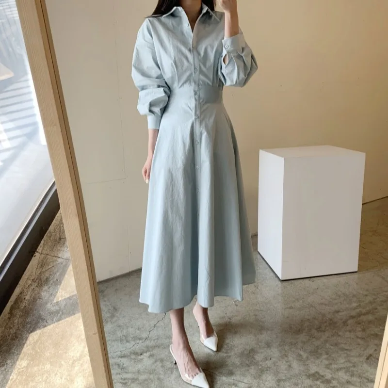 여성용 화이트 엘레강트 맥시 셔츠 드레스 싱글 브레스트 롱 랜턴 슬리브 하이 웨이스트 드레스 한국 시크 오피스 레이디 출퇴근 프렌치 스타일