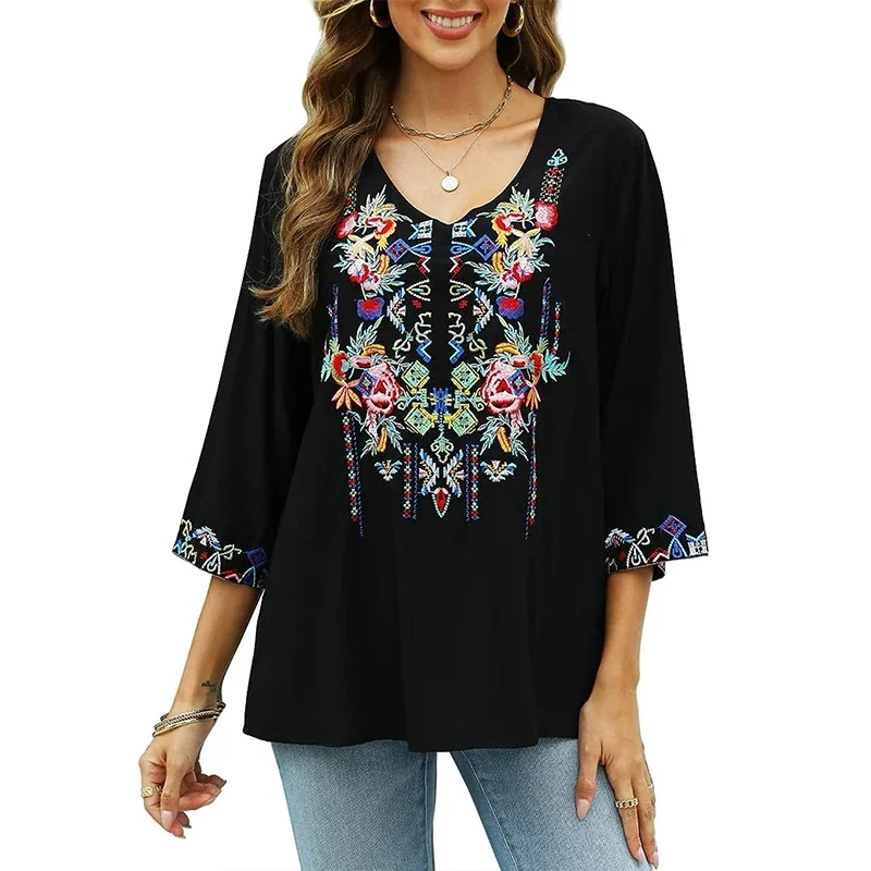 Eaeovni Embroidered Tops for Women 3/4 Sleeve Peasant Blouse Mexican Shirts V Neck Traditional Tunic Casual Tops