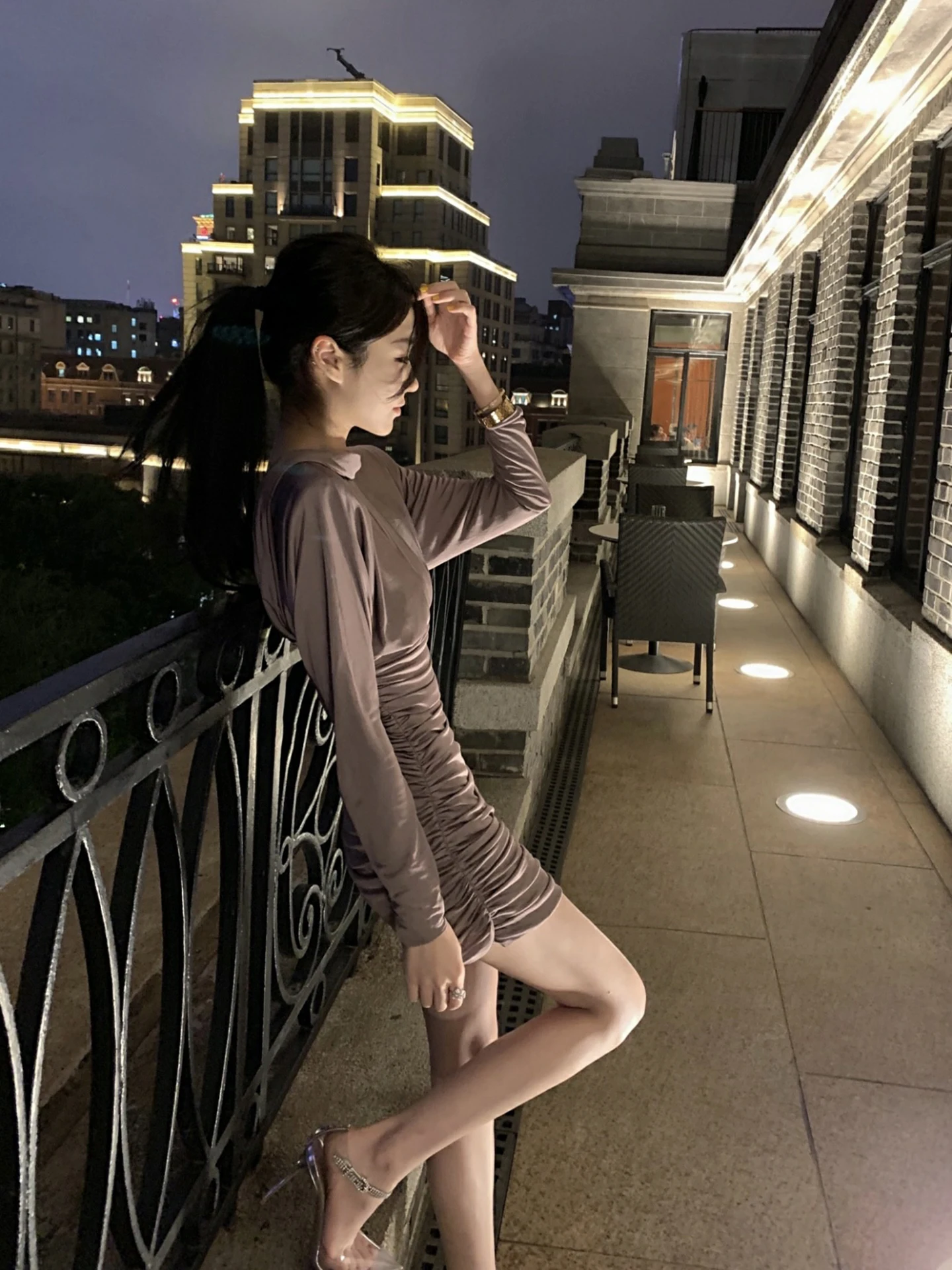 

Purple Gown Women's Long Sve Pleated Slim Fit Dr Spring 2026 Simple Sle High Collar Other Material 00% Body a