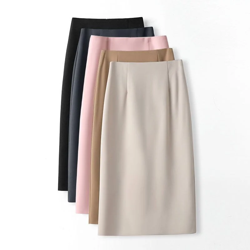 

Apricot Midi Skirts for Women Luxury Korean Style Casual Autumn Elastic Waist Office Work Skirt Pink Winter Female Slim Falda